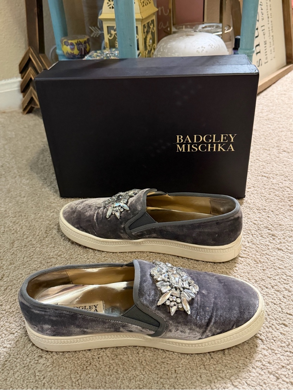 Badgley Mischka Barre slip-on sneakers featuring a grey velvet upper crystals 7